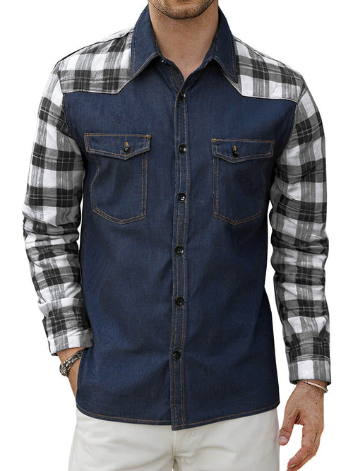 Men's Casual Plaid Flannel Patchwork Denim Button Up Long Sleeve Shirt
