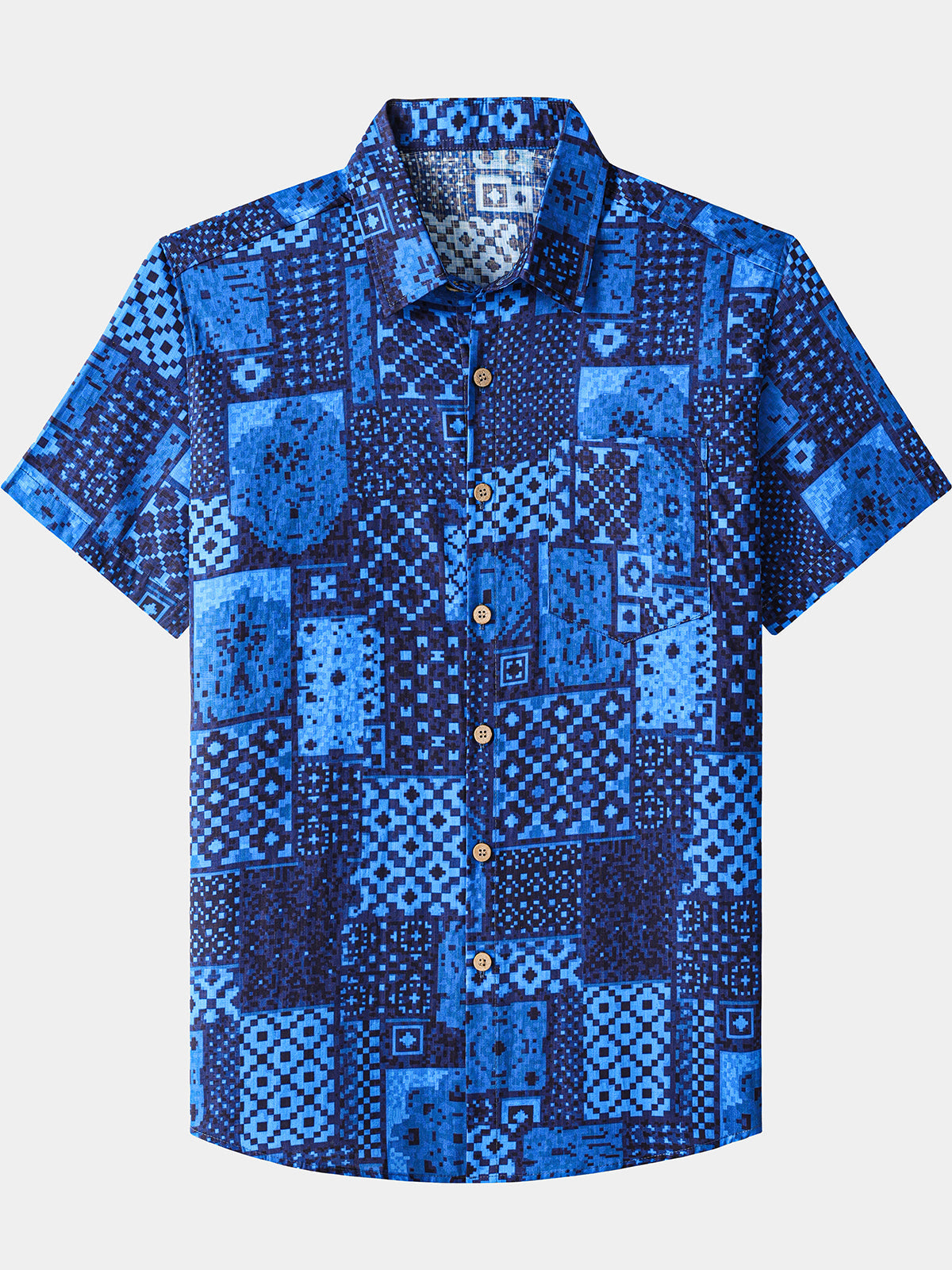 Men’s Retro Hawaiian Print Geometric Patchwork Cotton Breathable Resort Vacation Short Sleeve Shirt