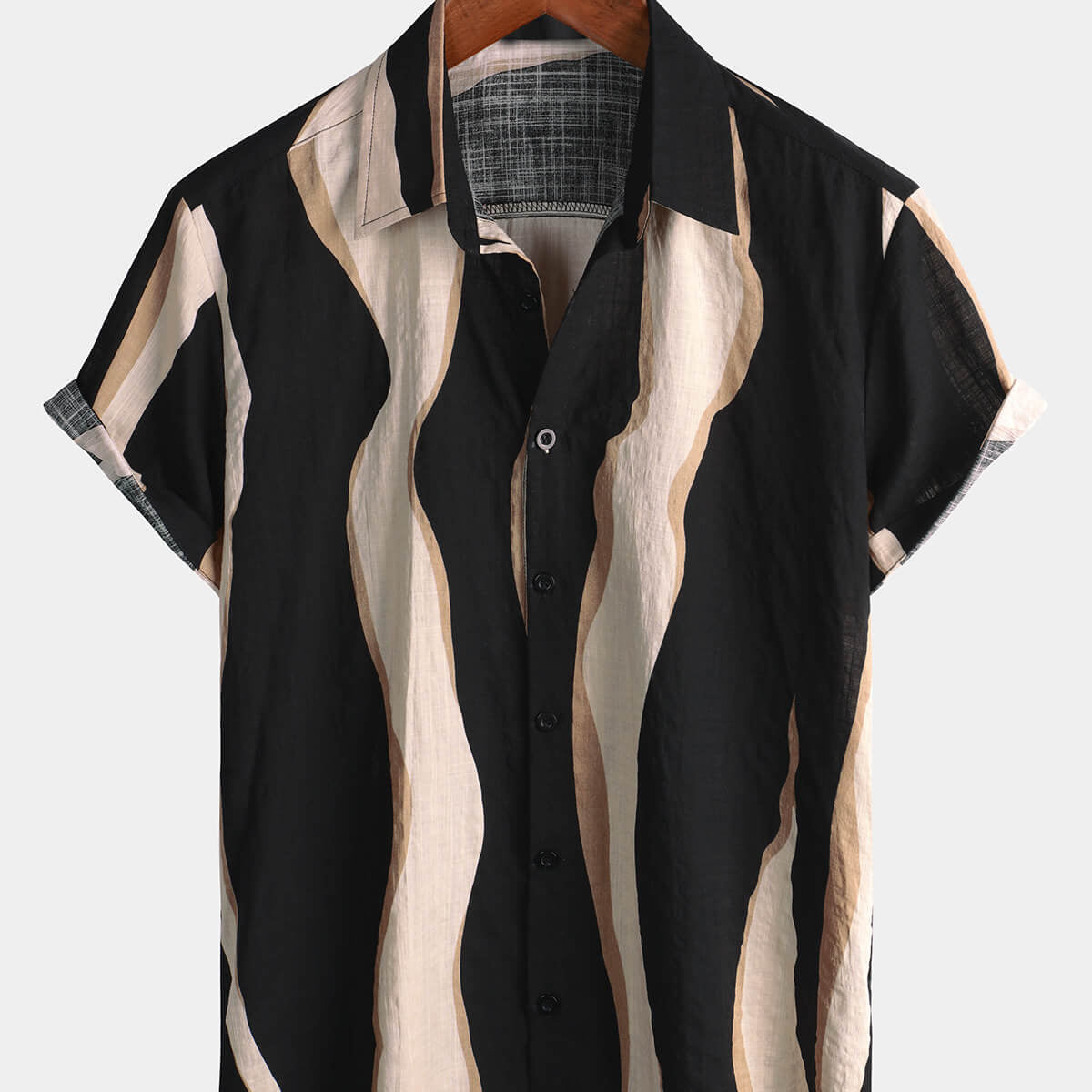 Men's Retro Casual Striped Summer Vacation Balck Button Up Short Sleeve Shirt