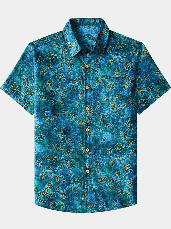 Men’s Beach Party Retro Floral Pattern Cotton Short Sleeve Shirt