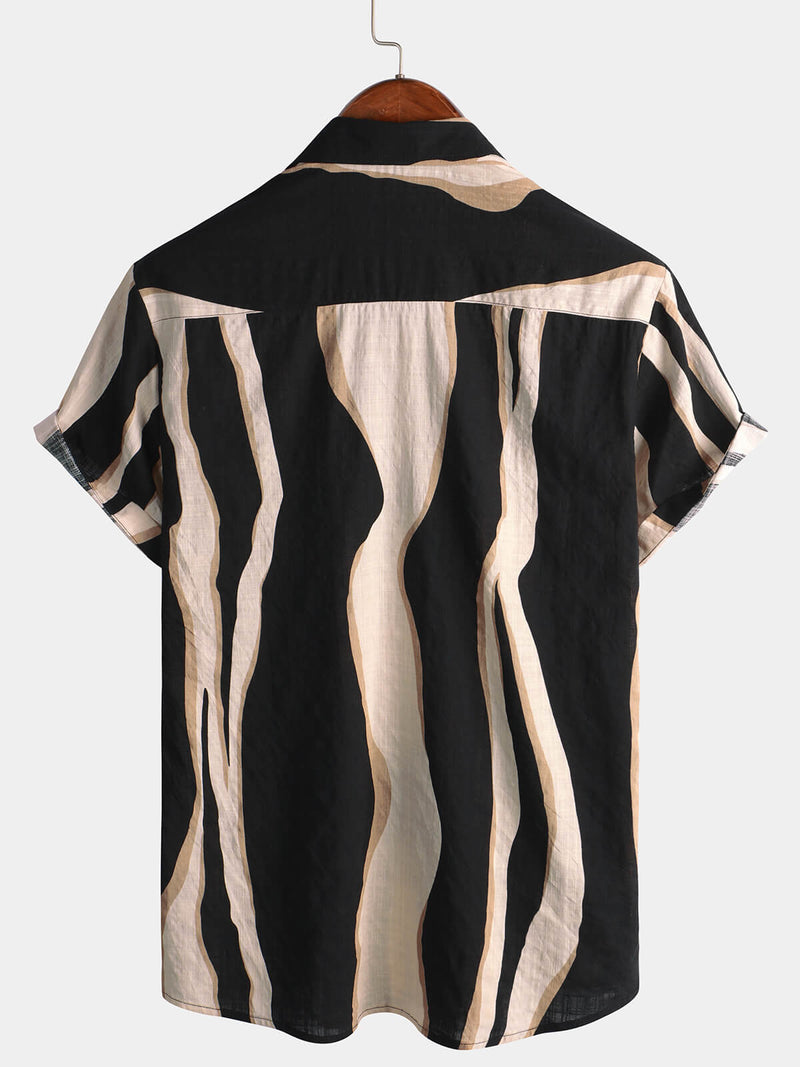Men's Retro Casual Striped Summer Vacation Balck Button Up Short Sleeve Shirt