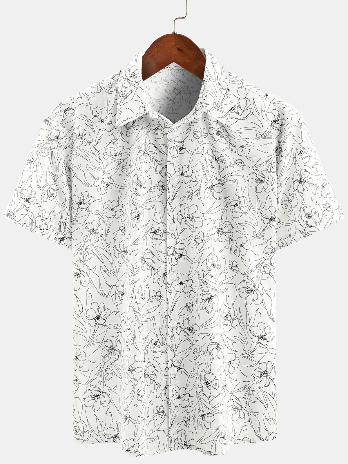 Men's Summer Casual Line Floral Print White Cotton Short Sleeve Shirt