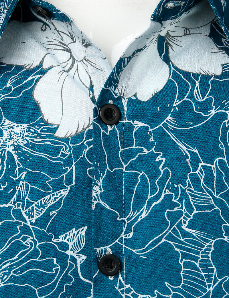Men's Floral Blue Hawaiian Flower Print Beach Holiday Resort Tropical Button Up Short Sleeve Shirt