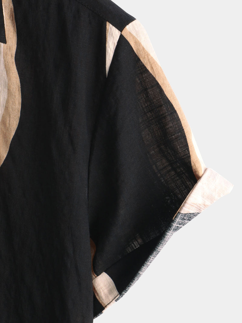 Men's Retro Casual Striped Summer Vacation Balck Button Up Short Sleeve Shirt