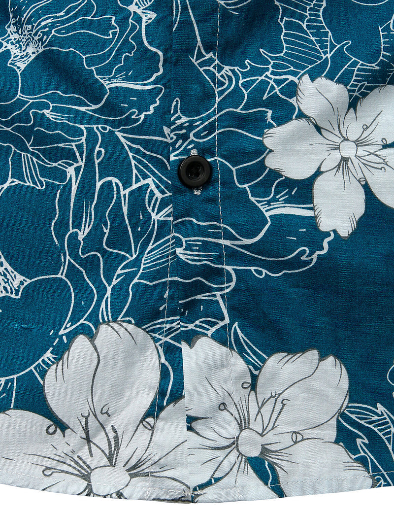 Men's Floral Blue Hawaiian Flower Print Beach Holiday Resort Tropical Button Up Short Sleeve Shirt
