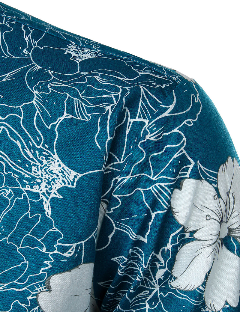Men's Floral Blue Hawaiian Flower Print Beach Holiday Resort Tropical Button Up Short Sleeve Shirt