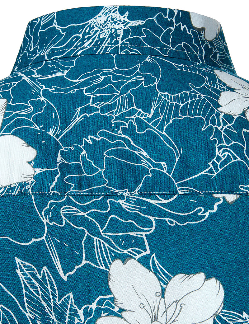 Men's Floral Blue Hawaiian Flower Print Beach Holiday Resort Tropical Button Up Short Sleeve Shirt