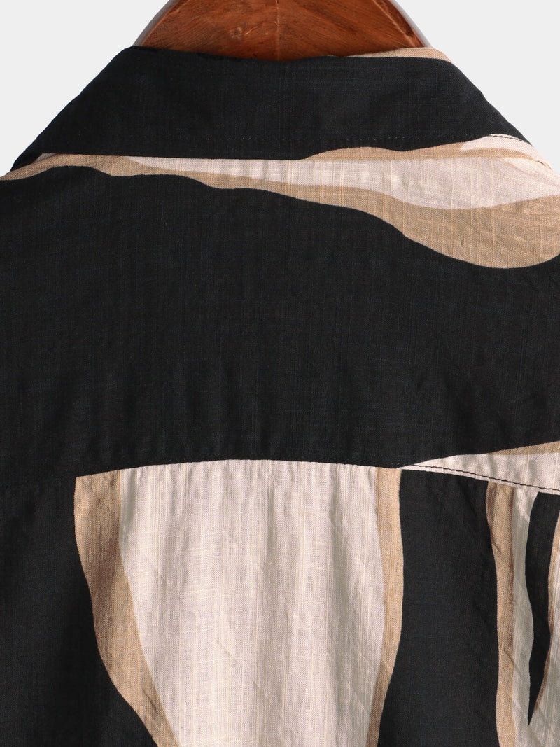 Men's Retro Casual Striped Summer Vacation Balck Button Up Short Sleeve Shirt