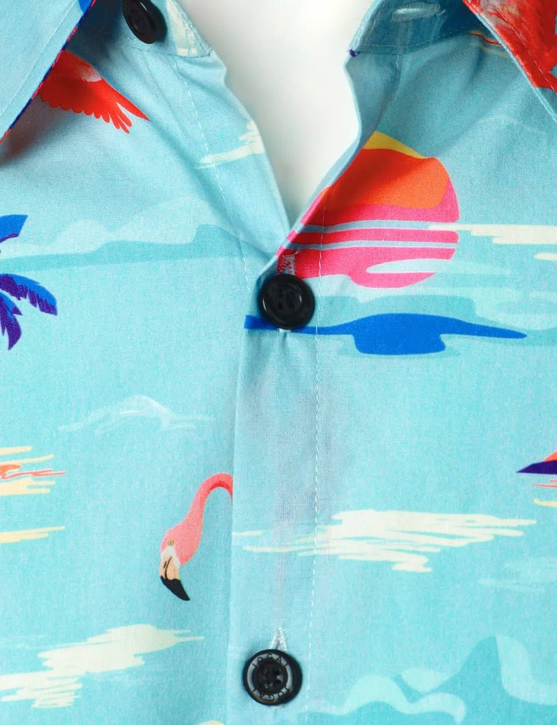 Men's Tropical Floral Flamingo Print Blue Hawaiian Cotton Summer Short Sleeve Shirt