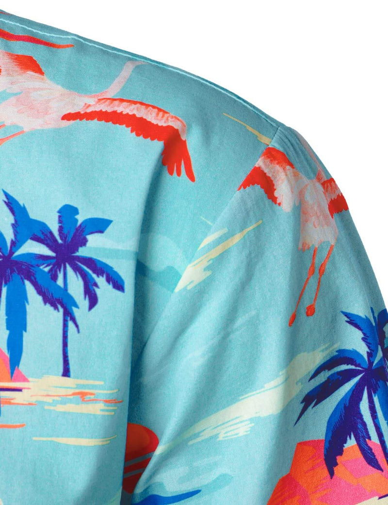 Men's Tropical Floral Flamingo Print Blue Hawaiian Cotton Summer Short Sleeve Shirt