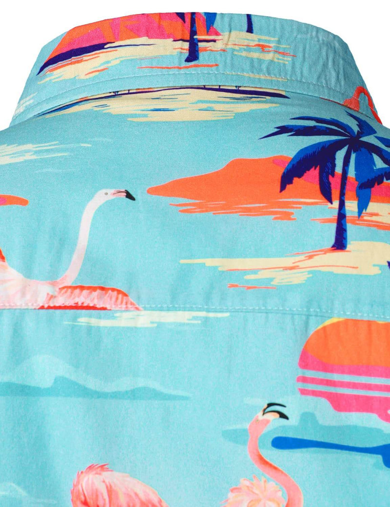 Men's Tropical Floral Flamingo Print Blue Hawaiian Cotton Summer Short Sleeve Shirt