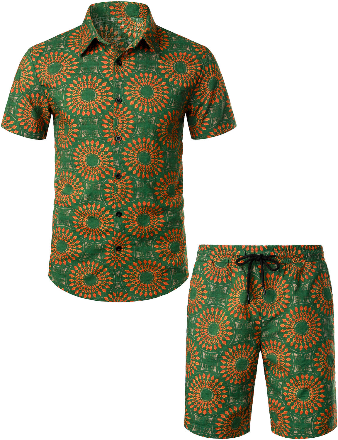 Men's Casual Boho 70s Vintage Green Matching Shirt and Shorts Set