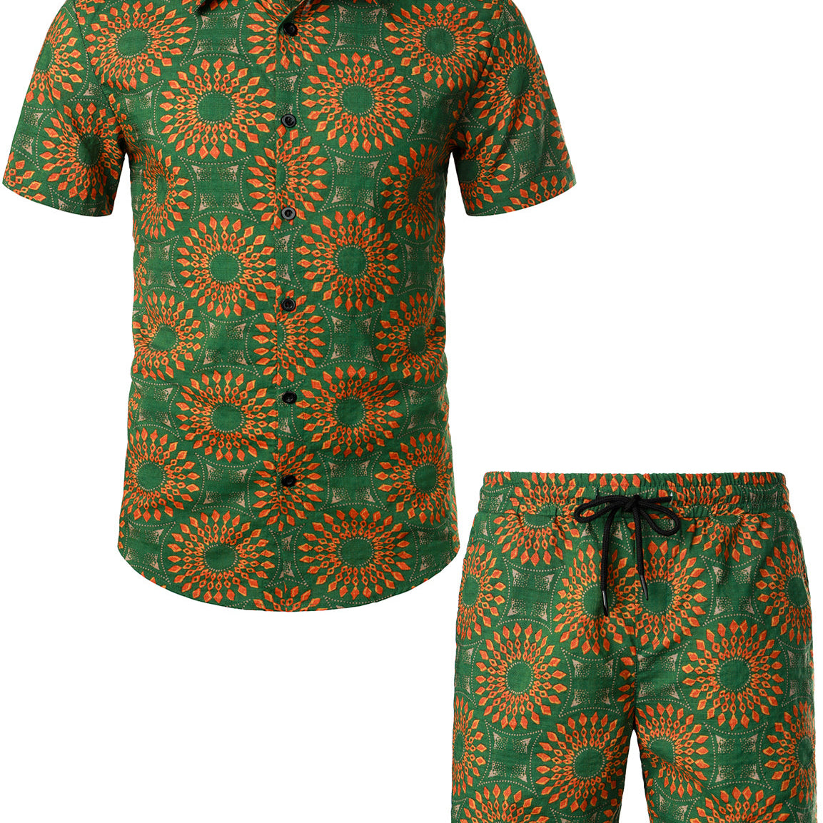 Men's Casual Boho 70s Vintage Green Matching Shirt and Shorts Set