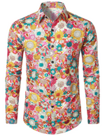 Men's Vintage Floral Cotton Flower Button Up 70s Long Sleeve Dress Shirt