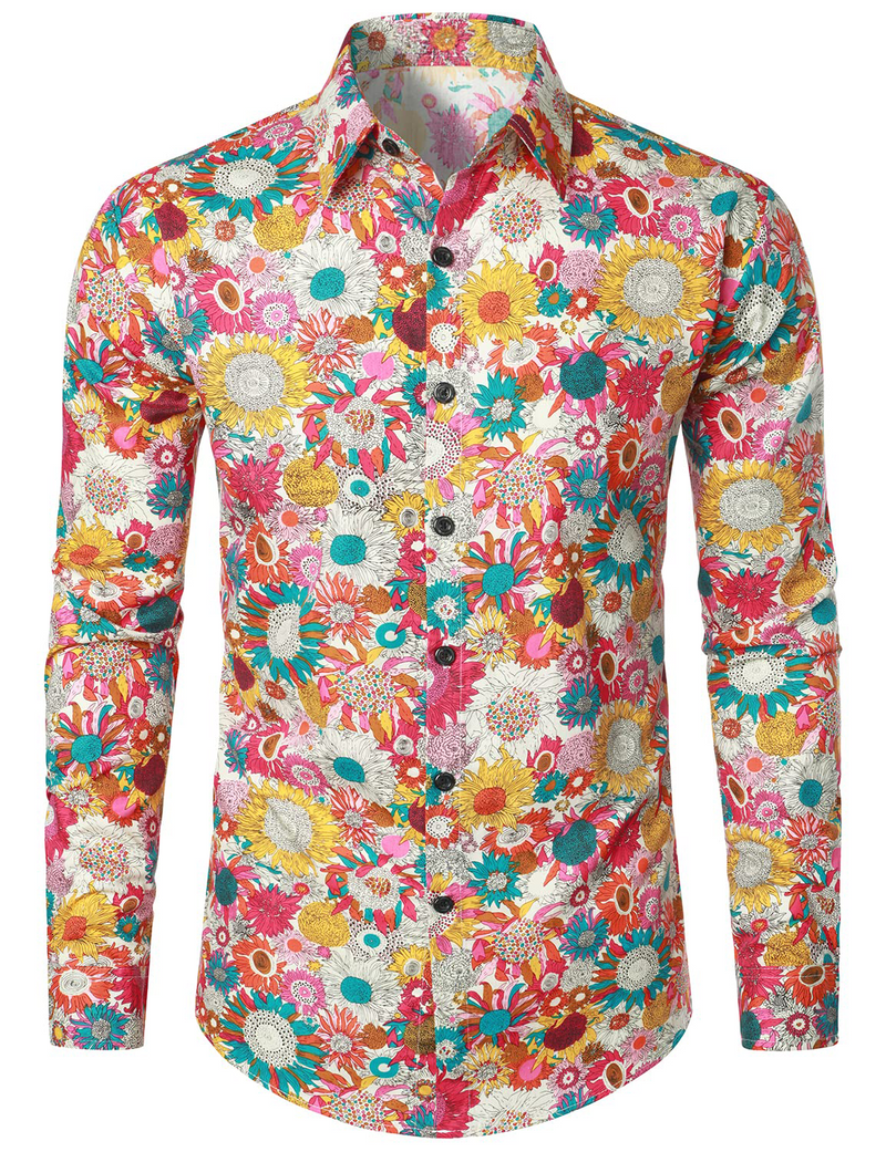 Men's Vintage Floral Cotton Flower Button Up 70s Long Sleeve Dress Shirt