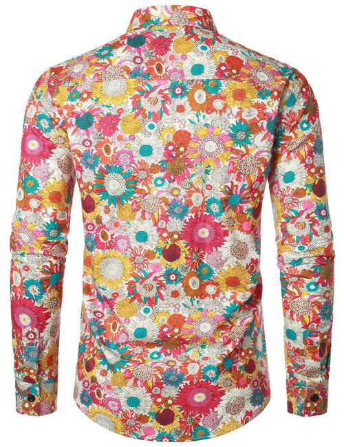 Men's Vintage Floral Cotton Flower Button Up 70s Long Sleeve Dress Shirt