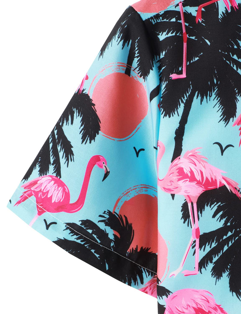 Men's Flamingo Blue and White Striped Tropical Print Summer Holiday Hawaiian Short Sleeve Shirt