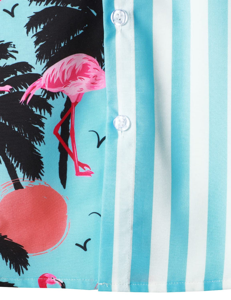 Men's Flamingo Blue and White Striped Tropical Print Summer Holiday Hawaiian Short Sleeve Shirt