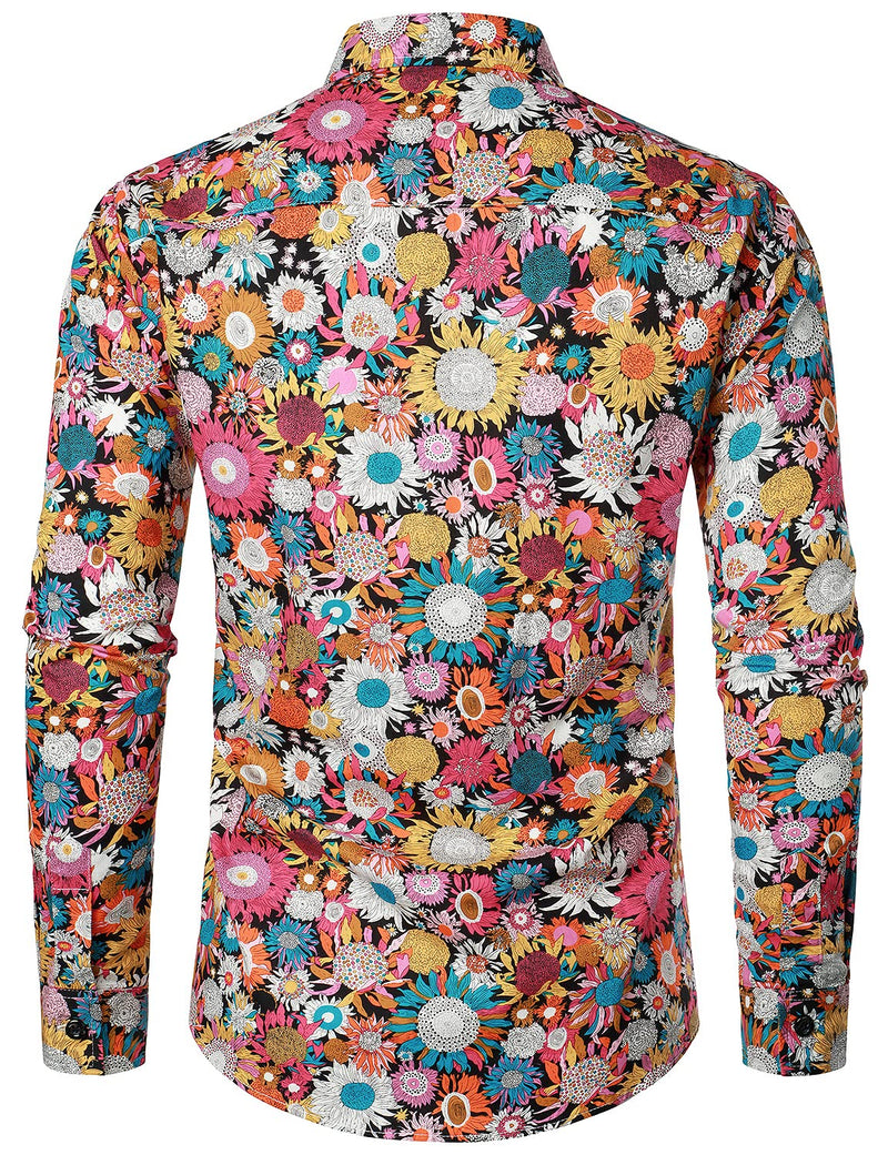 Men's Floral Cotton Flower Button Up 70s Long Sleeve Dress Shirt