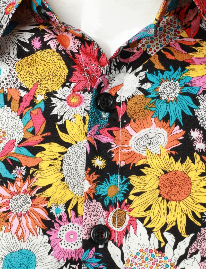 Men's Floral Cotton Flower Button Up 70s Long Sleeve Dress Shirt