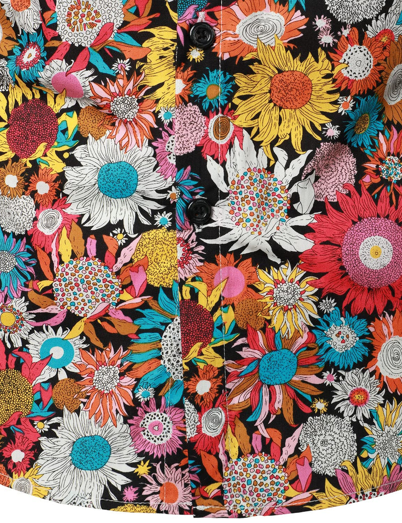 Men's Floral Cotton Flower Button Up 70s Long Sleeve Dress Shirt