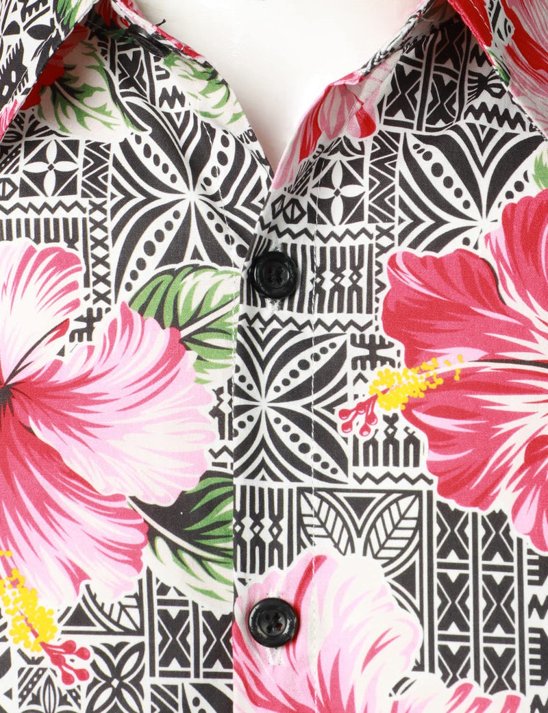 Men's Pink Floral Hibiscus Print Button Vintage Vacation Hawaiian Short Sleeve Shirt