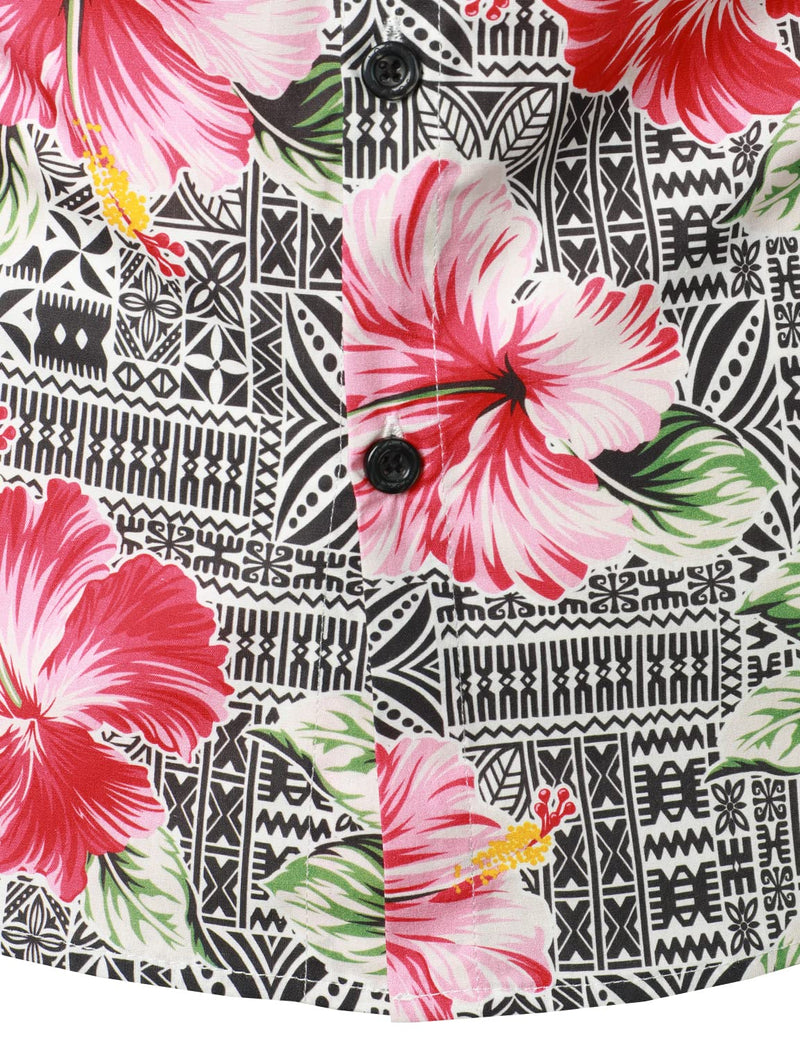 Men's Pink Floral Hibiscus Print Button Vintage Vacation Hawaiian Short Sleeve Shirt