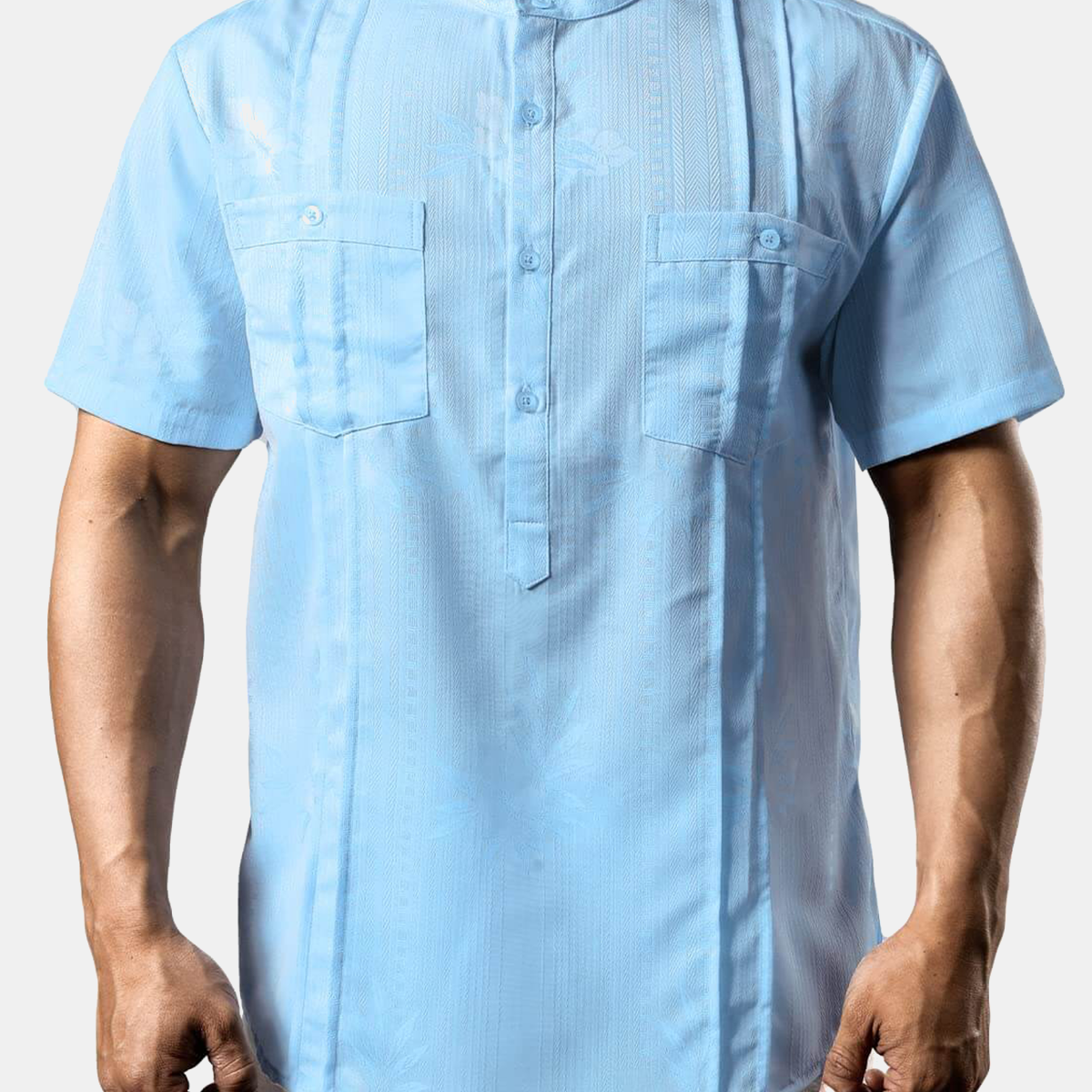 Men's Casual Floral Jacquard Henley Pocket Summer Short Sleeve Hawaiian Beach Shirt