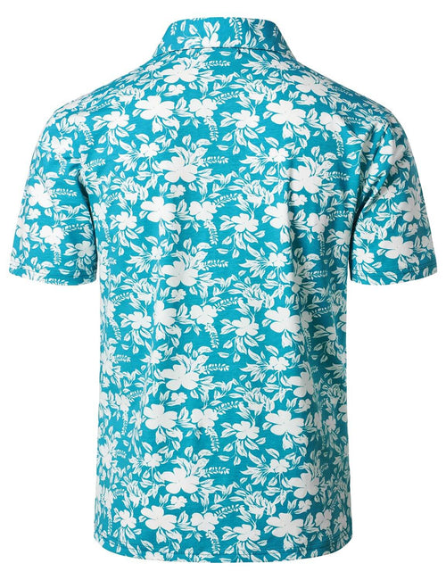 Men's Floral Print Blue Cotton Summer Holiday Golf Short Sleeve Sports Polo Shirt