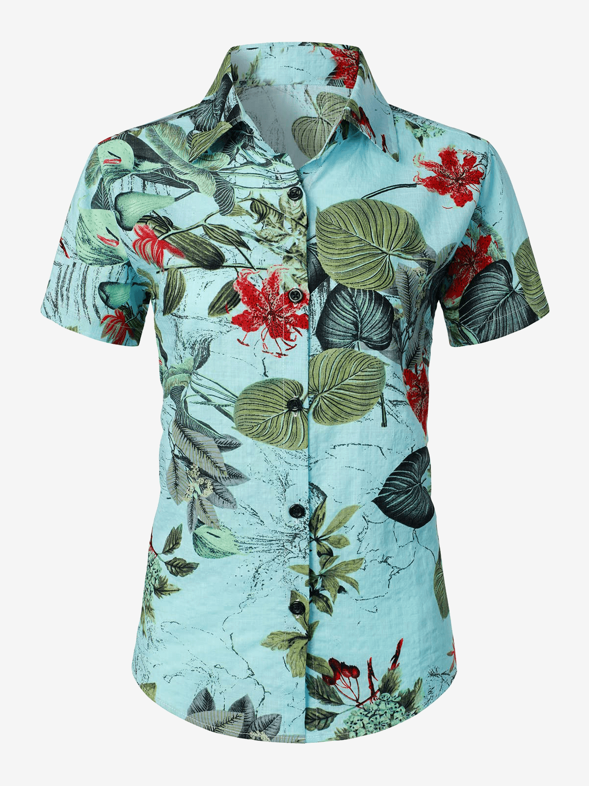 Women's Floral Print Breathable Blouse Cotton Aloha Short Sleeve Red Hawaiian Shirt