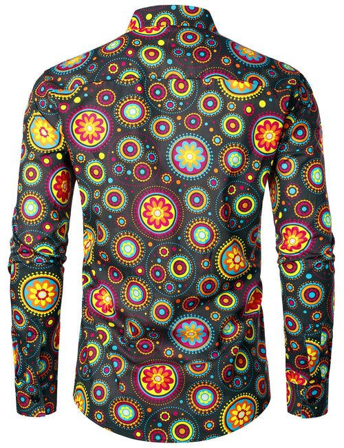 Men's Floral Paisley Breathable Cotton Disco Flower Button Up Long Sleeve Dress Shirt