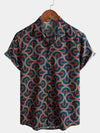 Men's Vintage Geometric Art Print Cotton Button Up Summer Short Sleeve Shirt