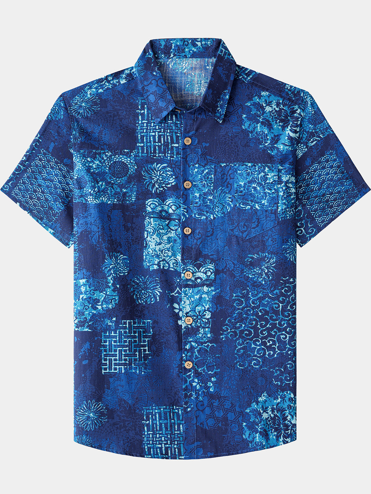 Men’s Summer Beach Blue Patchwork Pattern Cotton Casual Breathable Short Sleeve Shirt