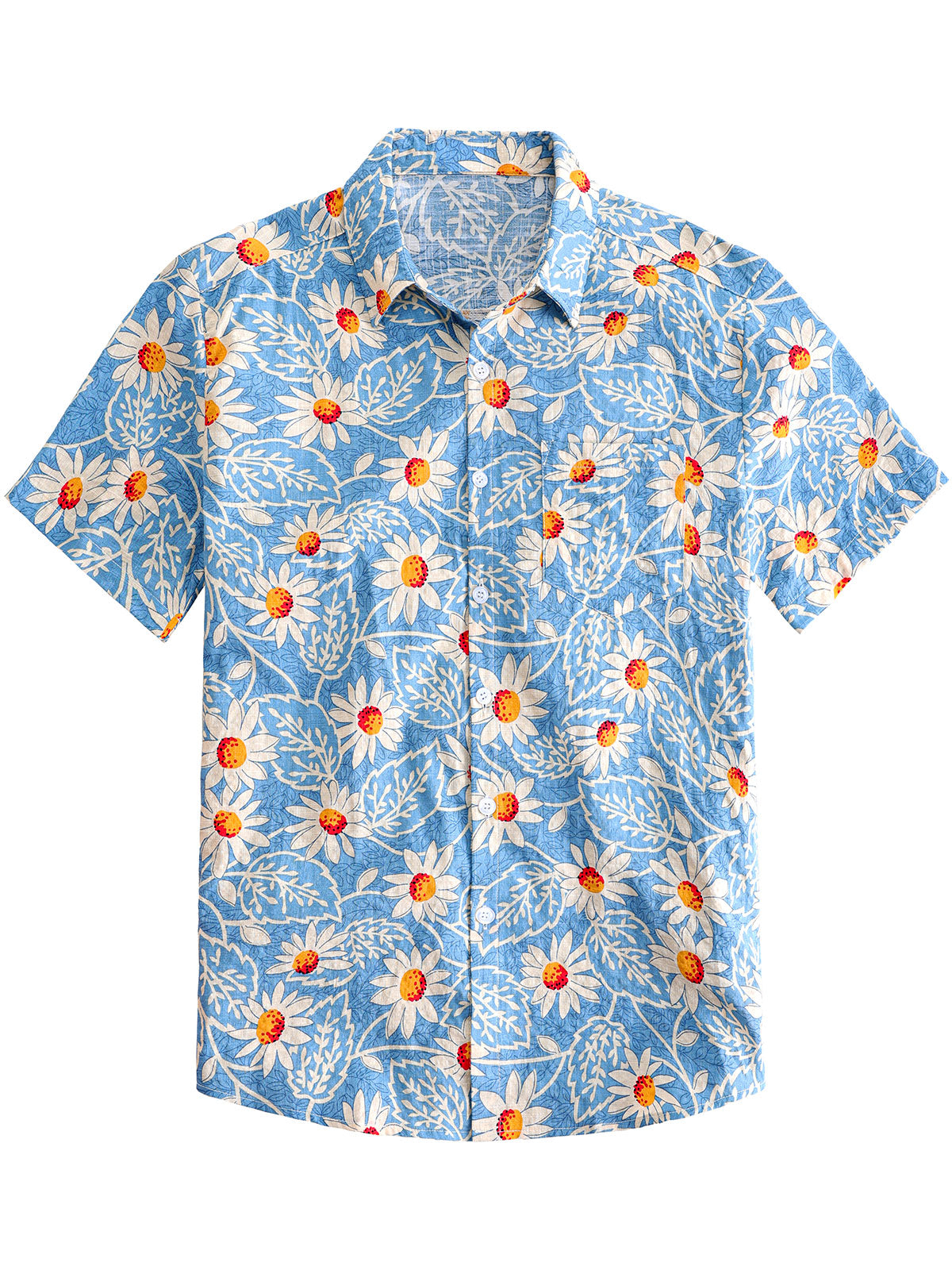 Men's Retro Beach Hawaiian Cotton Holiday Button Up Blue Short Sleeve Floral Shirt