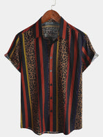 Men's Leopard Vintage Vertical Striped Cool Summer Vacation Short Sleeve Button Up Shirt