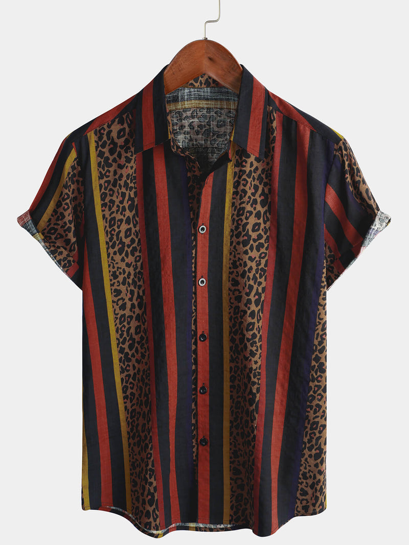 Men's Leopard Vintage Vertical Striped Cool Summer Vacation Short Sleeve Button Up Shirt