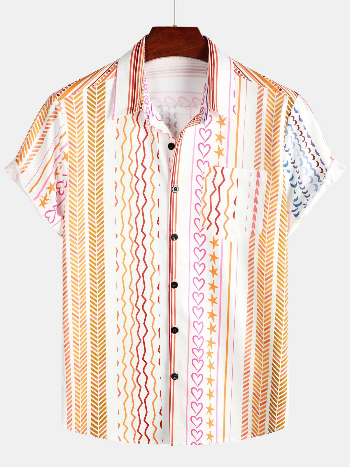 Men's Casual Striped Print Retro Pocket Button Up Summer Short Sleeve Shirt