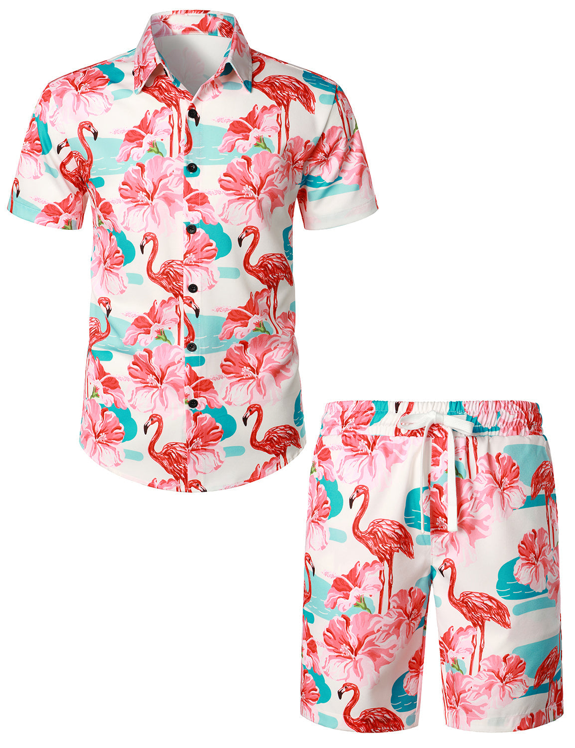 Men's Flamingo Print Hawaiian Shirt & Shorts Set