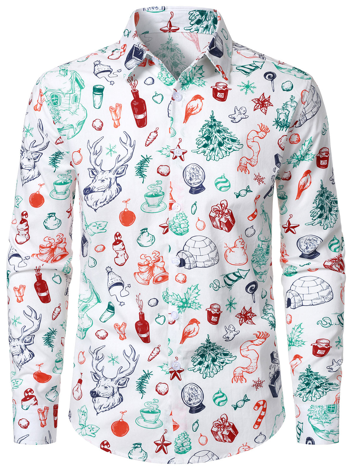 Men's Christmas Long Sleeved Cotton Shirt White