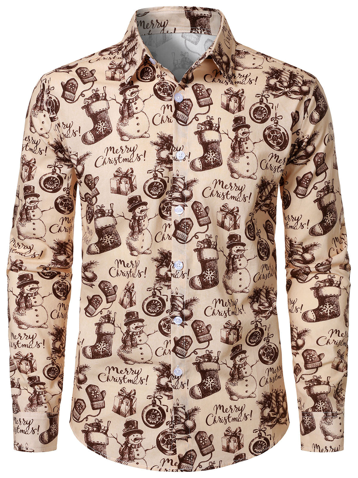 Men's Cotton Christmas Vintage Beige Long Sleeve Shirt