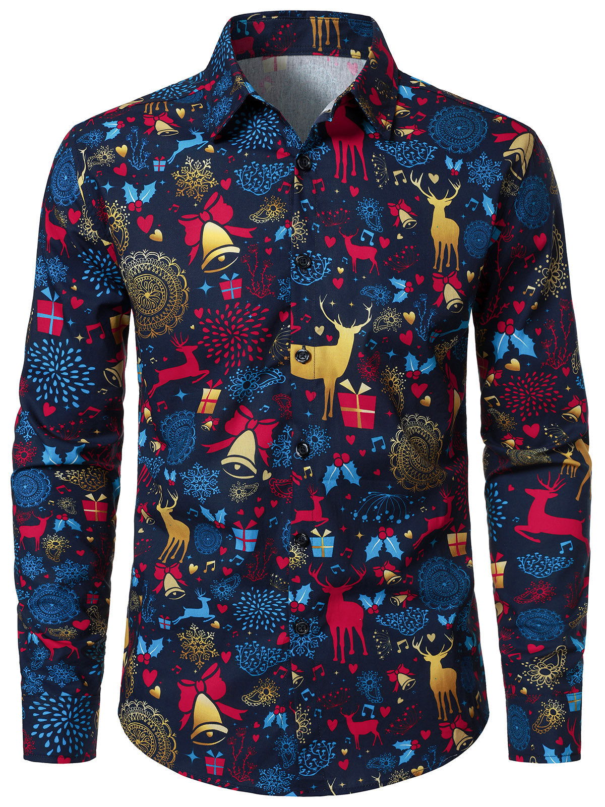 Men's Christmas Cotton Blue Long Sleeve Shirt