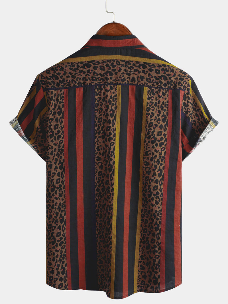 Men's Leopard Vintage Vertical Striped Cool Summer Vacation Short Sleeve Button Up Shirt