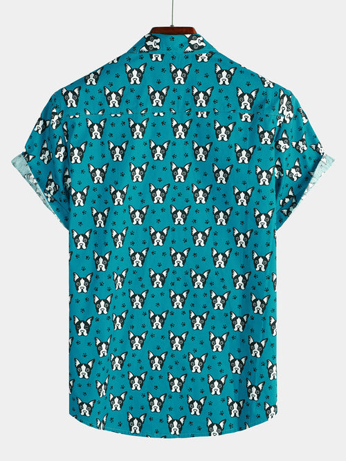 Men's Dog Pet Print Cotton Summer Button Up Casual Blue Short Sleeve Shirt