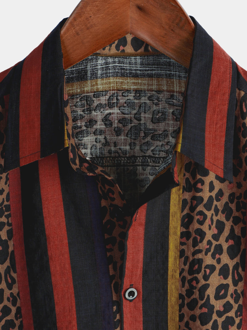 Men's Leopard Vintage Vertical Striped Cool Summer Vacation Short Sleeve Button Up Shirt