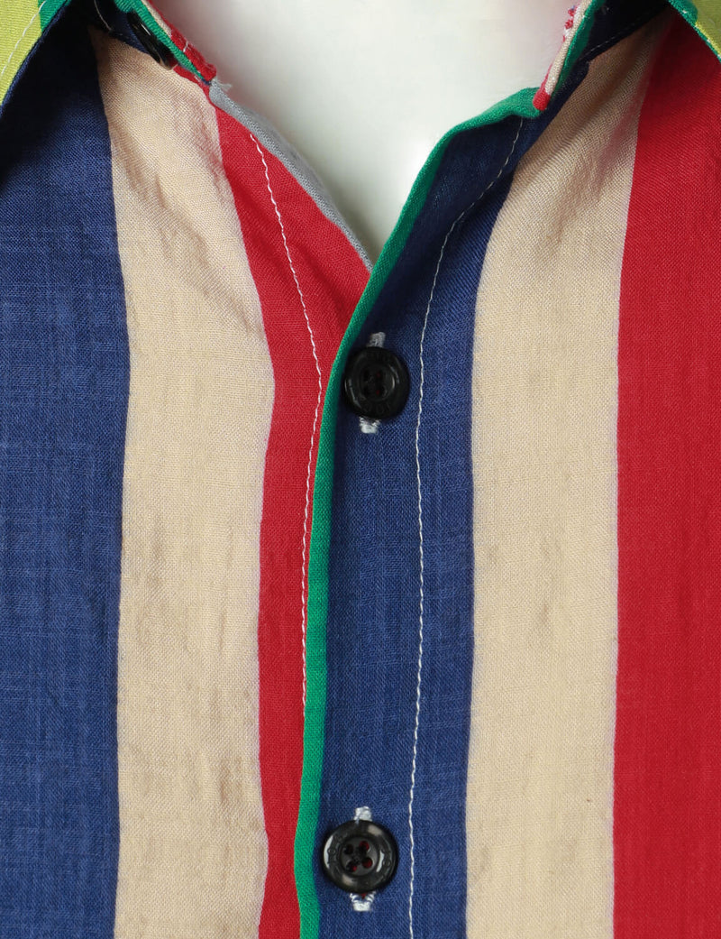 Men's Casual Cotton Green Striped Button Up Vacation Cool Beach Short Sleeve Shirt