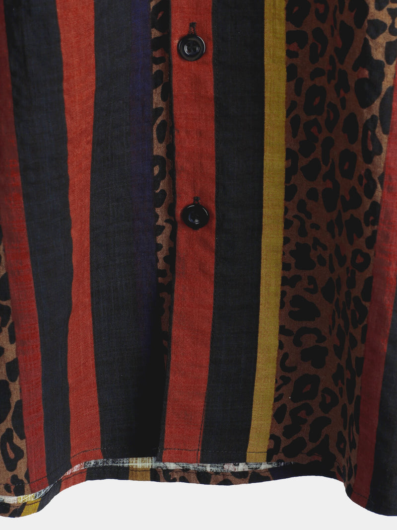 Men's Leopard Vintage Vertical Striped Cool Summer Vacation Short Sleeve Button Up Shirt