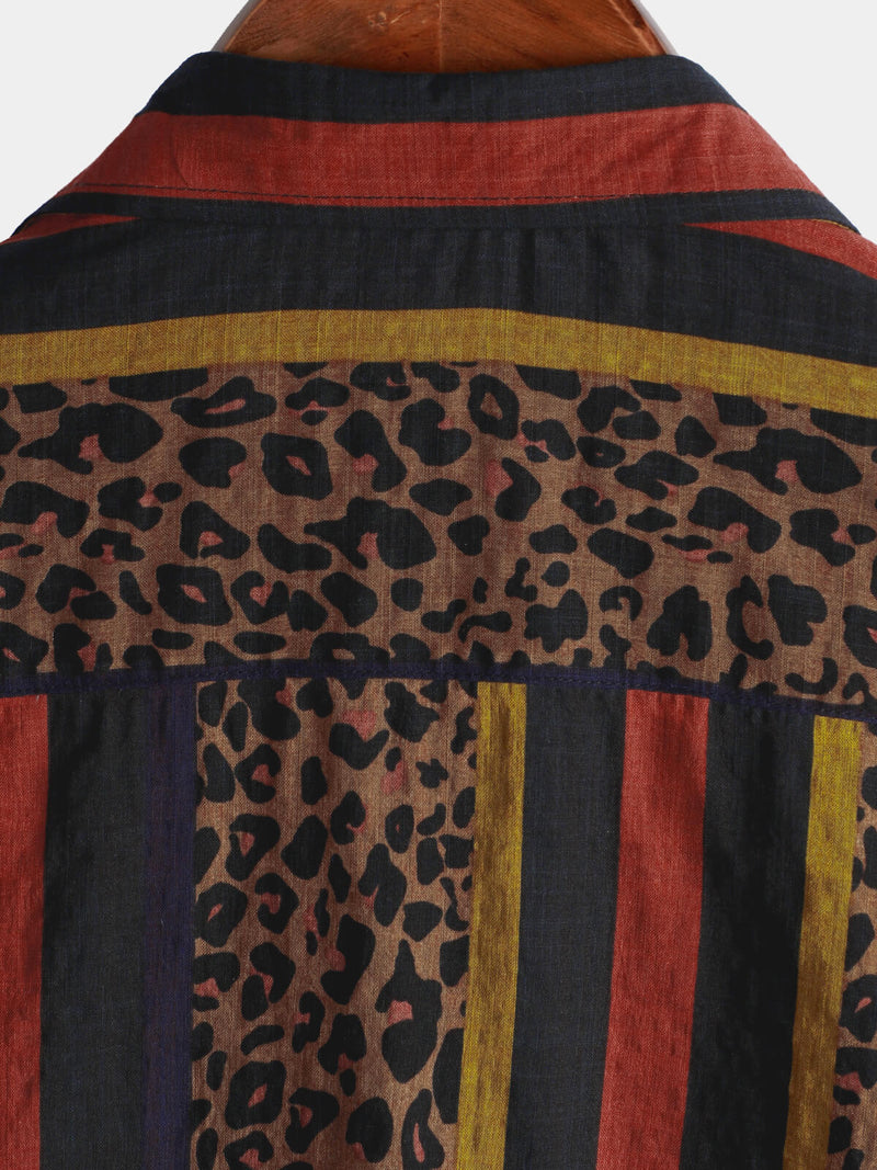 Men's Leopard Vintage Vertical Striped Cool Summer Vacation Short Sleeve Button Up Shirt