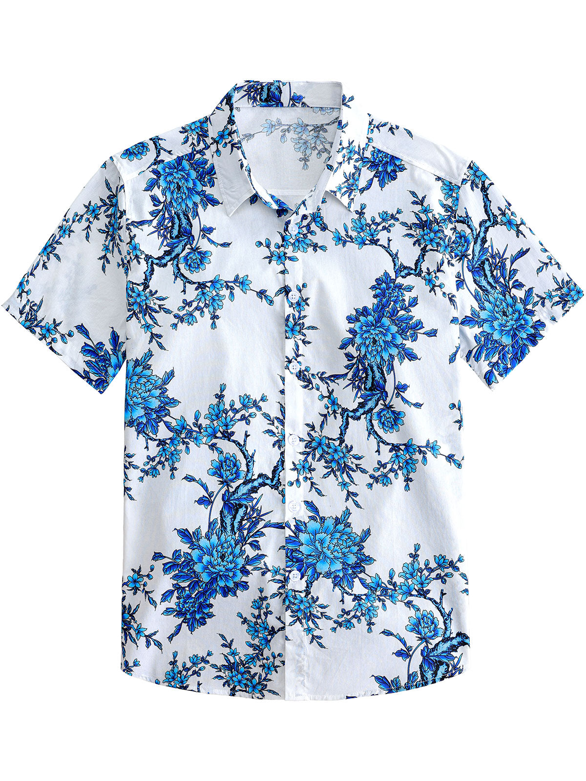 Men's Blue Blossom Holiday Cotton Short Sleeve Shirt