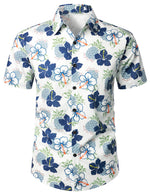 Men's Pineapple Blue Floral Cotton Fruit Tropical Flower Button Up Short Sleeve Holiday Hawaiian Shirt