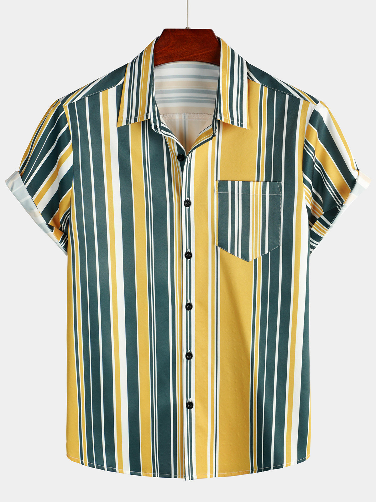 Men's Casual Button Up Retro Yellow And Green Vertical Striped Pocket Short Sleeve Shirt